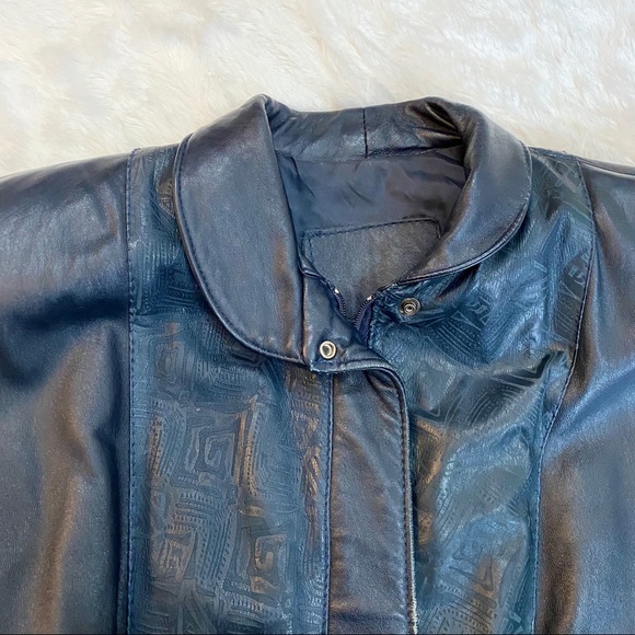 VINTAGE 80s Etched Navy Blue Leather Jacket - Picture 5 of 8